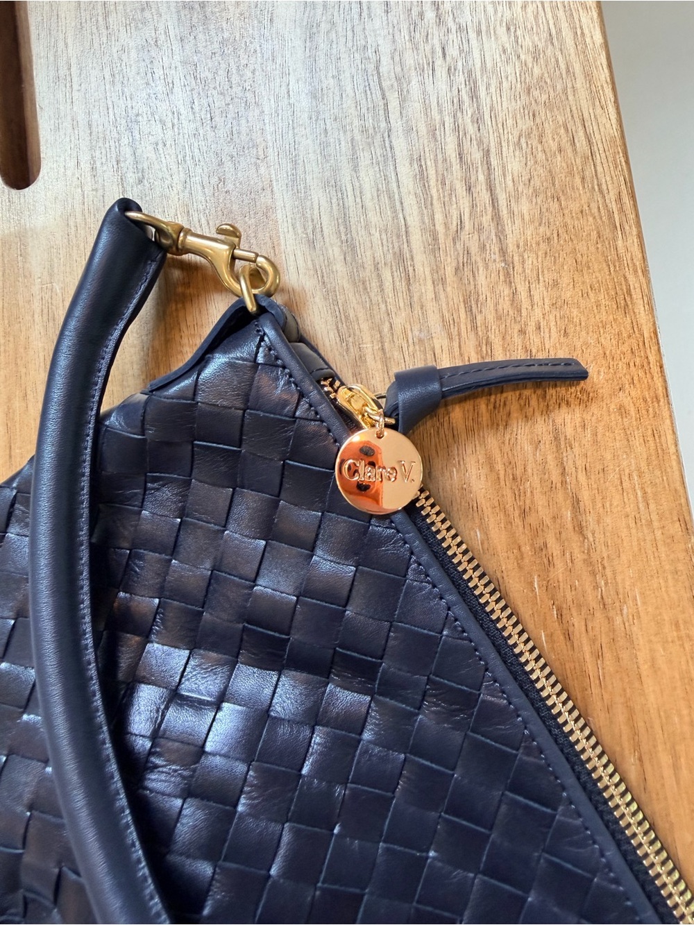 Clare V Petit Moyen leather crossbody bag - Twilight Navy Diagonal Woven NWT - Picture 8 of 9